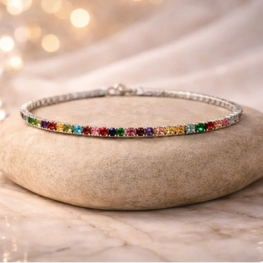 Elegant Silver-Plated Multi-Color CZ Tennis Bracelet 7.25" with Secure Clasp - Picture 1 of 4